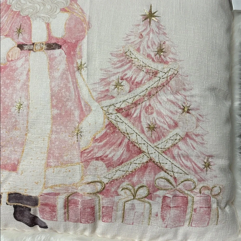 NWT Pink Santa & PINK CHRISTMAS Tree 20 X 20 THROW Pillow W/ FAUX FUR TRIM
